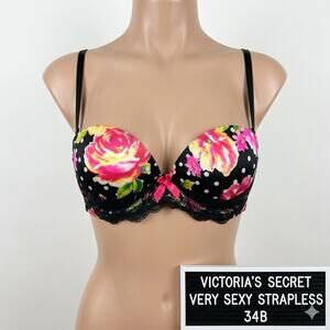 Victoria's Secret Very Sexy Bra 34B Floral Rose Polka Dot Multi-way Strapless VS